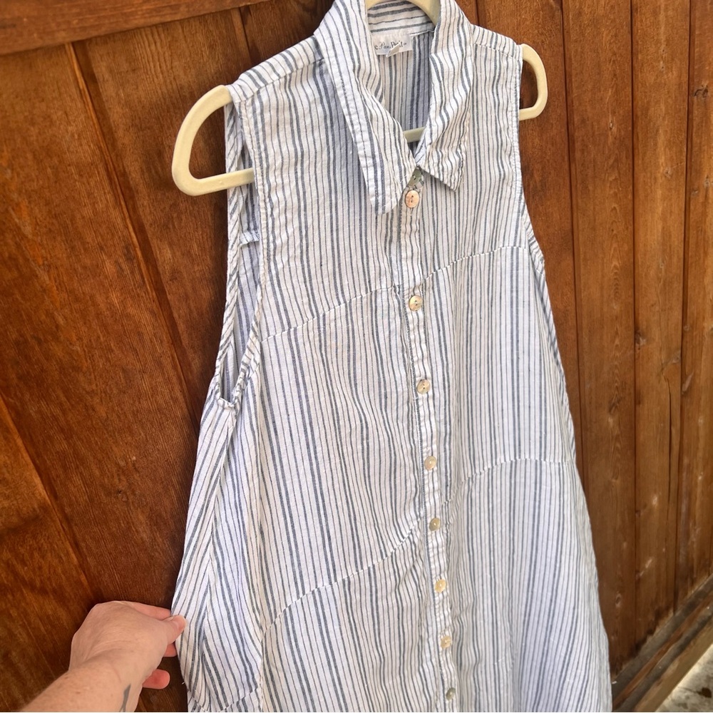 Le Paris Petit Linen Sleeveless Tunic Dress Pinstripe Button Down Size M - Picture 6 of 10